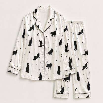 PJ-M304-Modern Abstract Cat Satin Pajama Set with Artistic Feline Pattern for Cozy Sleepwear