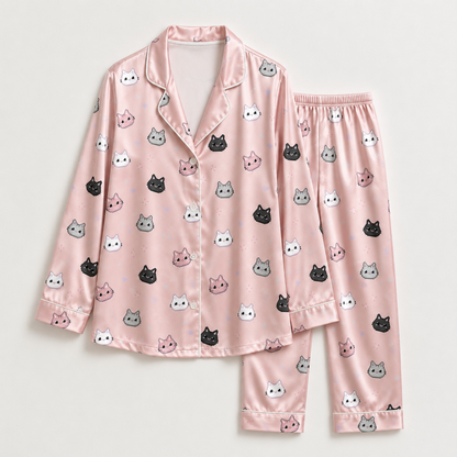 PJ-M305-Cozy Pajama Set Adorned With Cute Paw Print And Cat Face Patterns For A Fun Look