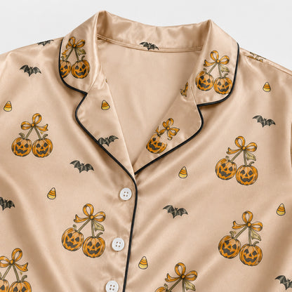 PJ-M307-Premium Fabric Halloween Pajama Set Showcasing A Variety Of Fun Seasonal Illustrations For A Relaxed Festive Aesthetic