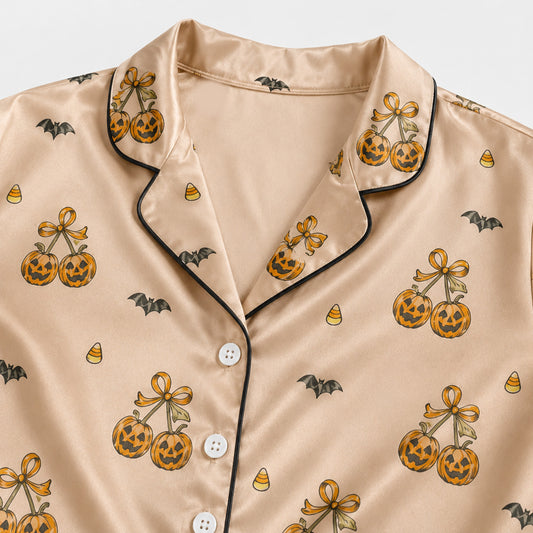PJ-M307-Premium Fabric Halloween Pajama Set Showcasing A Variety Of Fun Seasonal Illustrations For A Relaxed Festive Aesthetic