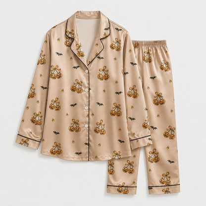 PJ-M307-Premium Fabric Halloween Pajama Set Showcasing A Variety Of Fun Seasonal Illustrations For A Relaxed Festive Aesthetic