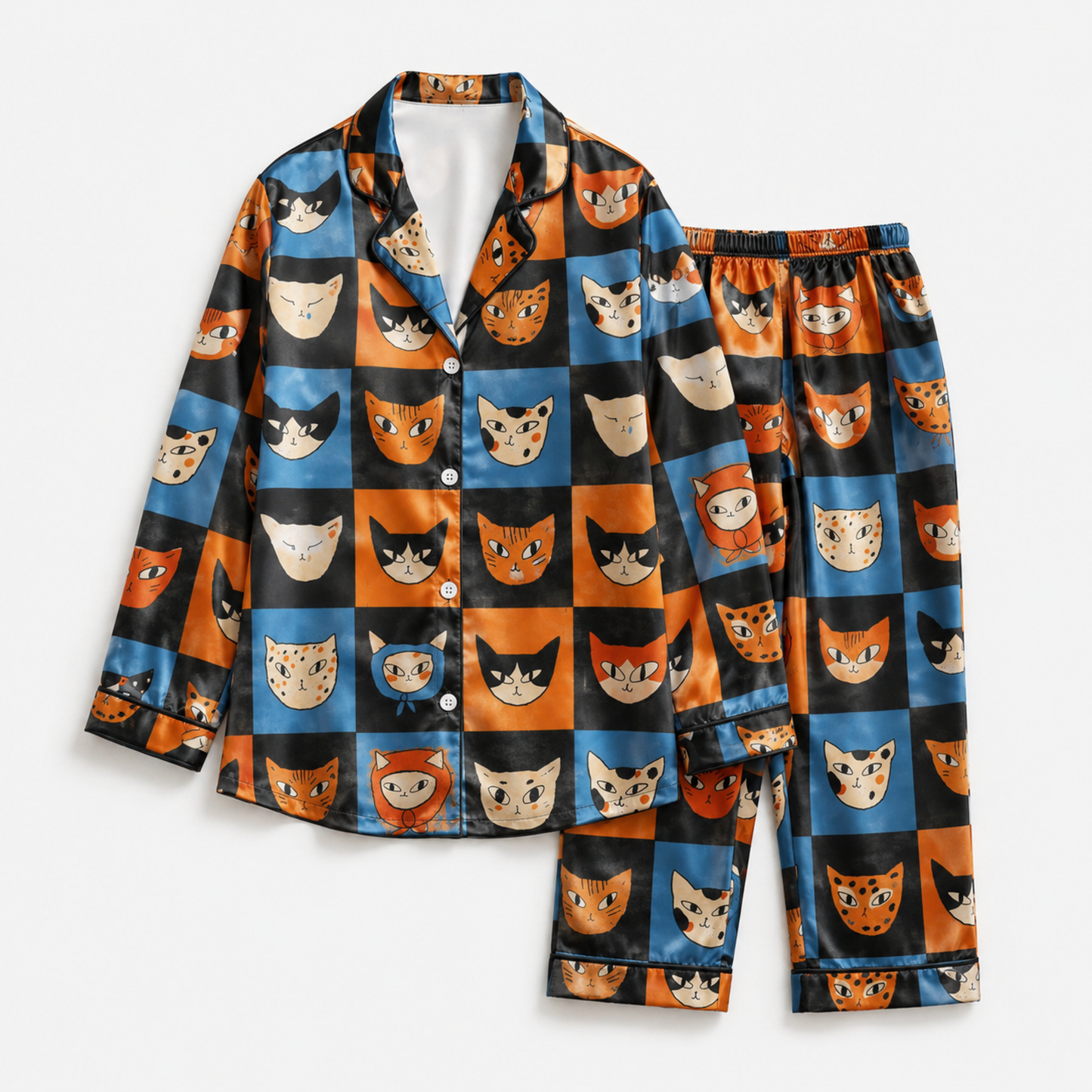 PJ-M308-Mid Century Modern Cat Satin Pajama Set with Colorful Retro Feline Pattern for Cozy Sleepwear