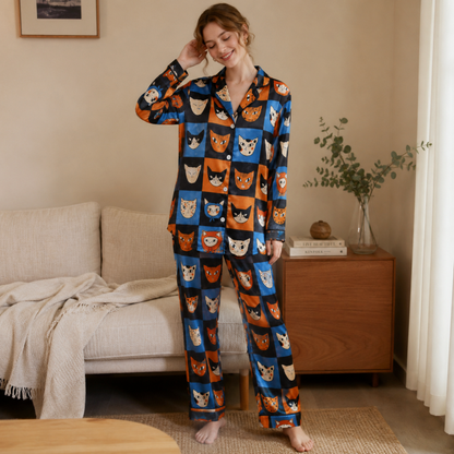PJ-M308-Mid Century Modern Cat Satin Pajama Set with Colorful Retro Feline Pattern for Cozy Sleepwear