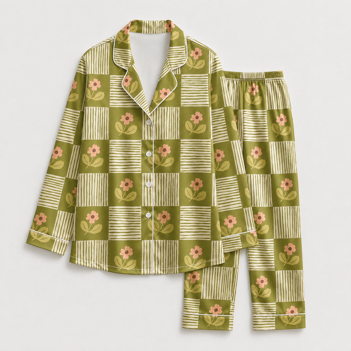 PJ-M309-Minimalist Floral Satin Pajama Set with Delicate Botanical Line Art Pattern for Cozy Sleepwear