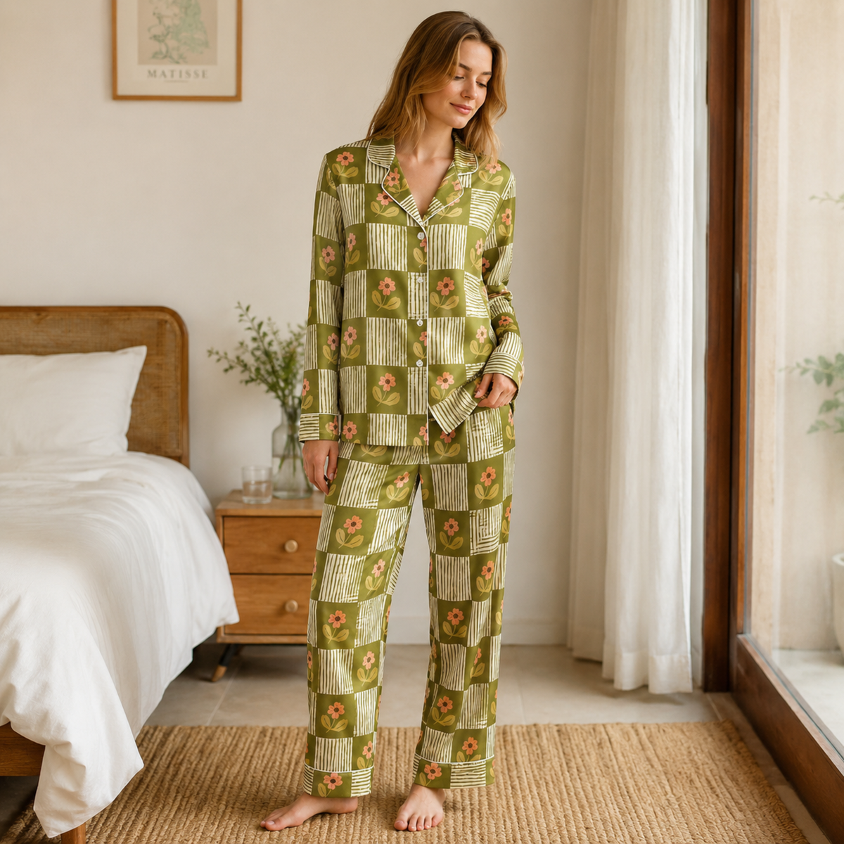 PJ-M309-Minimalist Floral Satin Pajama Set with Delicate Botanical Line Art Pattern for Cozy Sleepwear