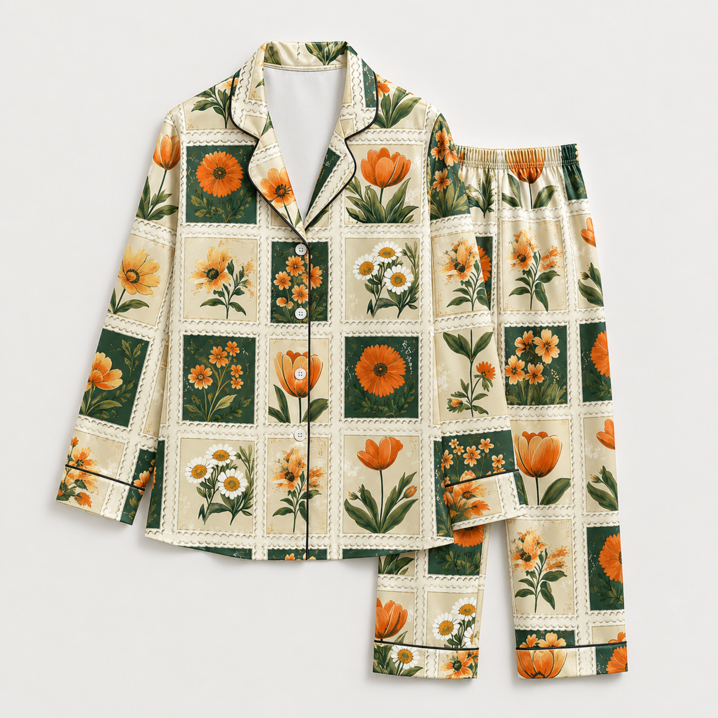 PJ-M310-Luxury Tropical Floral Satin Pajama Set with Vibrant Botanical Pattern for Cozy Sleepwear