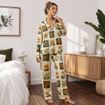PJ-M310-Luxury Tropical Floral Satin Pajama Set with Vibrant Botanical Pattern for Cozy Sleepwear