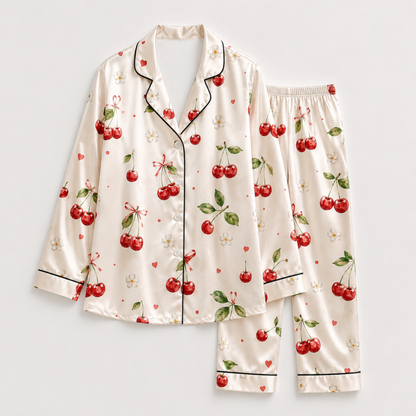 PJ-M311-Classic Sweet Cherry Pattern Pajama Set Featuring Vibrant Fruit Illustrations On Ultra-Soft Premium Brushed Cotton Fabric