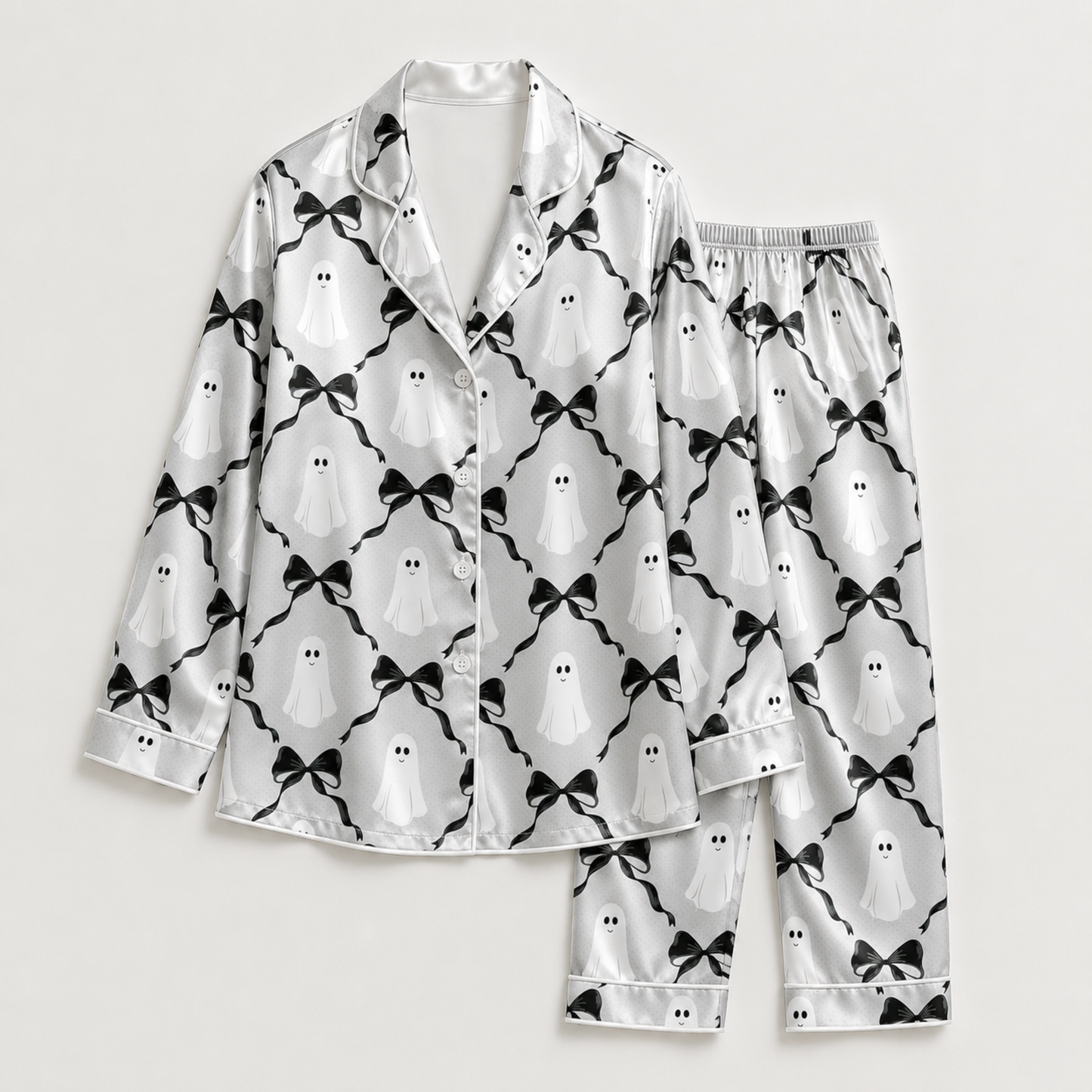 PJ-M312-Elegant Satin Ribbon Motif Pajama Set Featuring Delicate Interwoven Bow Patterns On Breathable Premium Satin Fabric