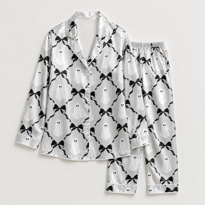 PJ-M312-Elegant Satin Ribbon Motif Pajama Set Featuring Delicate Interwoven Bow Patterns On Breathable Premium Satin Fabric