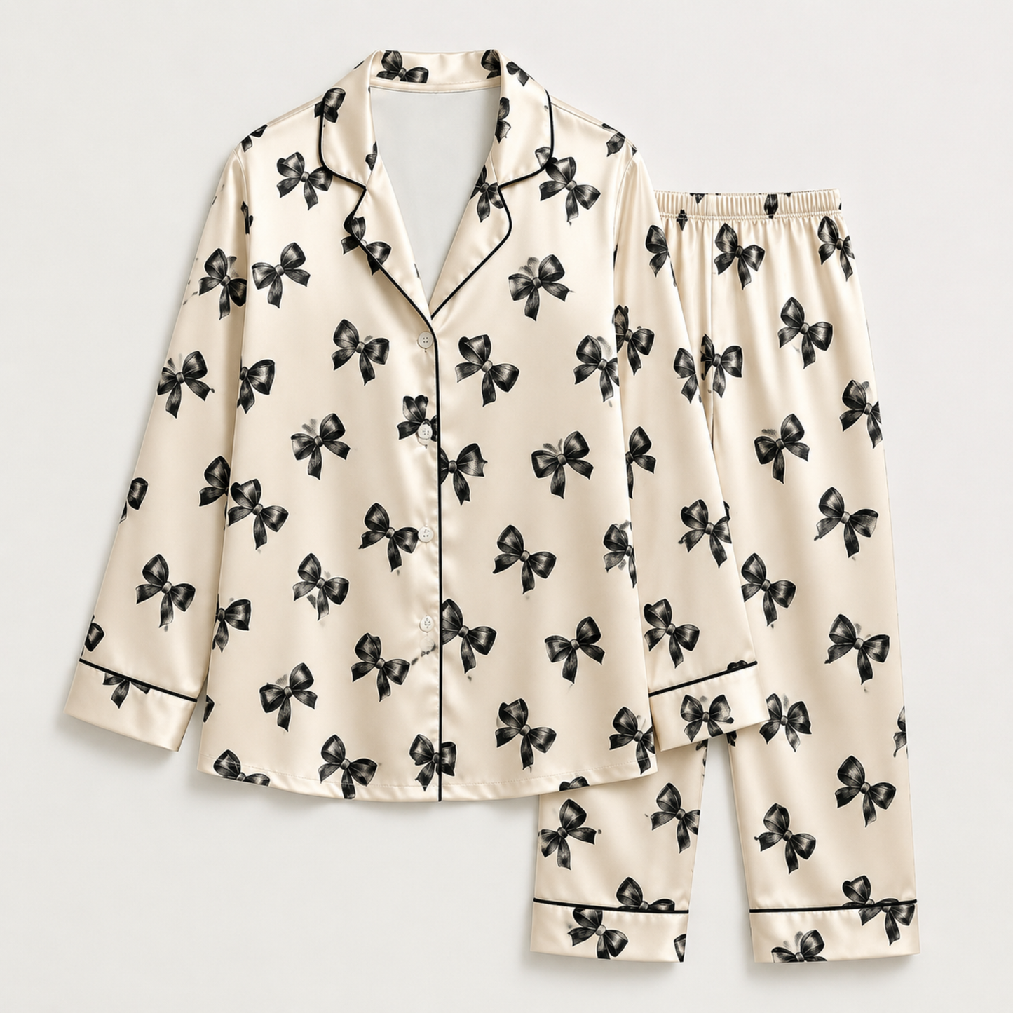 PJ-M313-Bow Satin Pajama Set with Cute Ribbon Pattern for Cozy Sleepwear, Sweet Aesthetic and Charming Loungewear