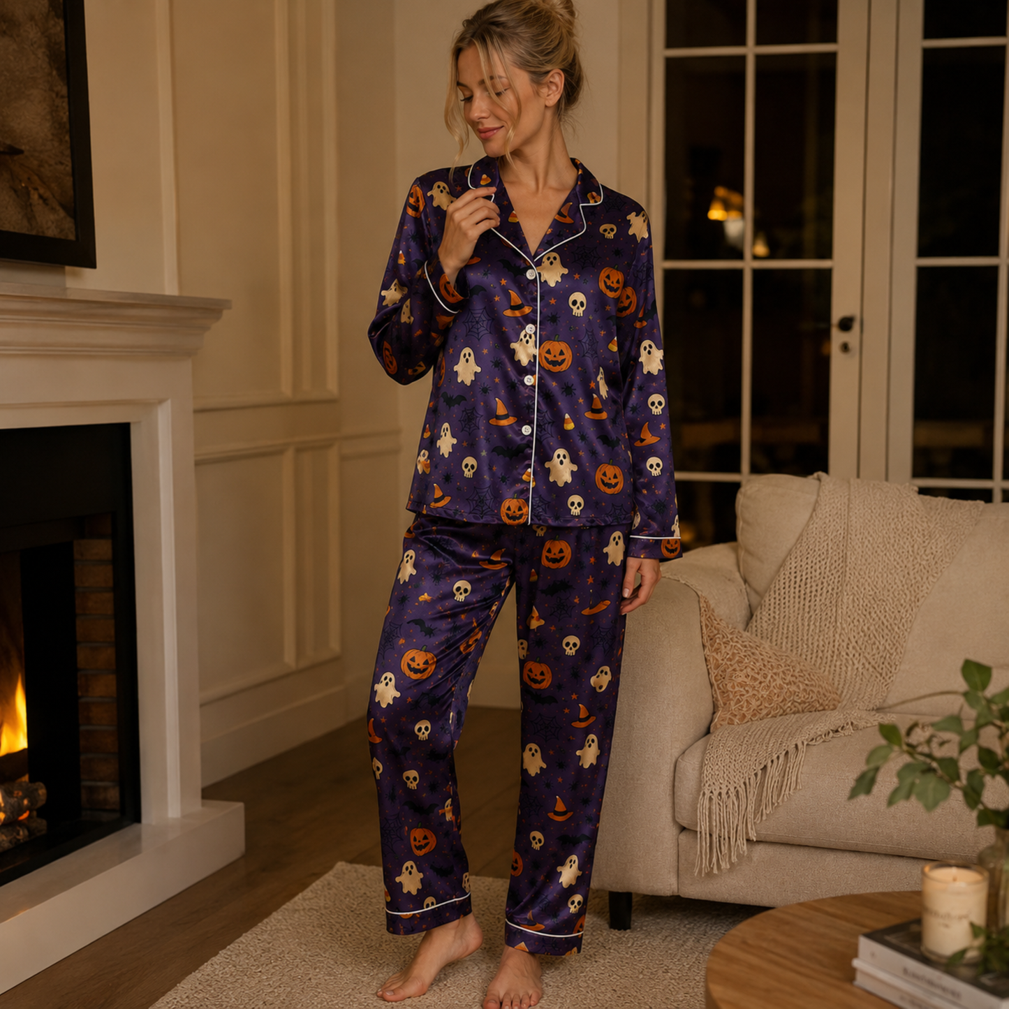 PJ-M314-Festive Halloween Motif Pajama Set Designed With A Comfortable Silhouette For All Night Comfort During October