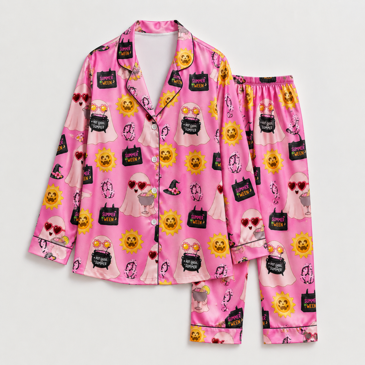 PJ-M315-Soft Halloween Print Loungewear Set Featuring An Assortment Of Cute Seasonal Icons For A Fun Holiday Look