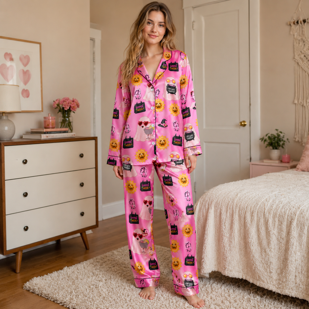 PJ-M315-Soft Halloween Print Loungewear Set Featuring An Assortment Of Cute Seasonal Icons For A Fun Holiday Look