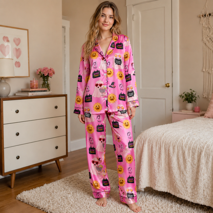 PJ-M315-Soft Halloween Print Loungewear Set Featuring An Assortment Of Cute Seasonal Icons For A Fun Holiday Look