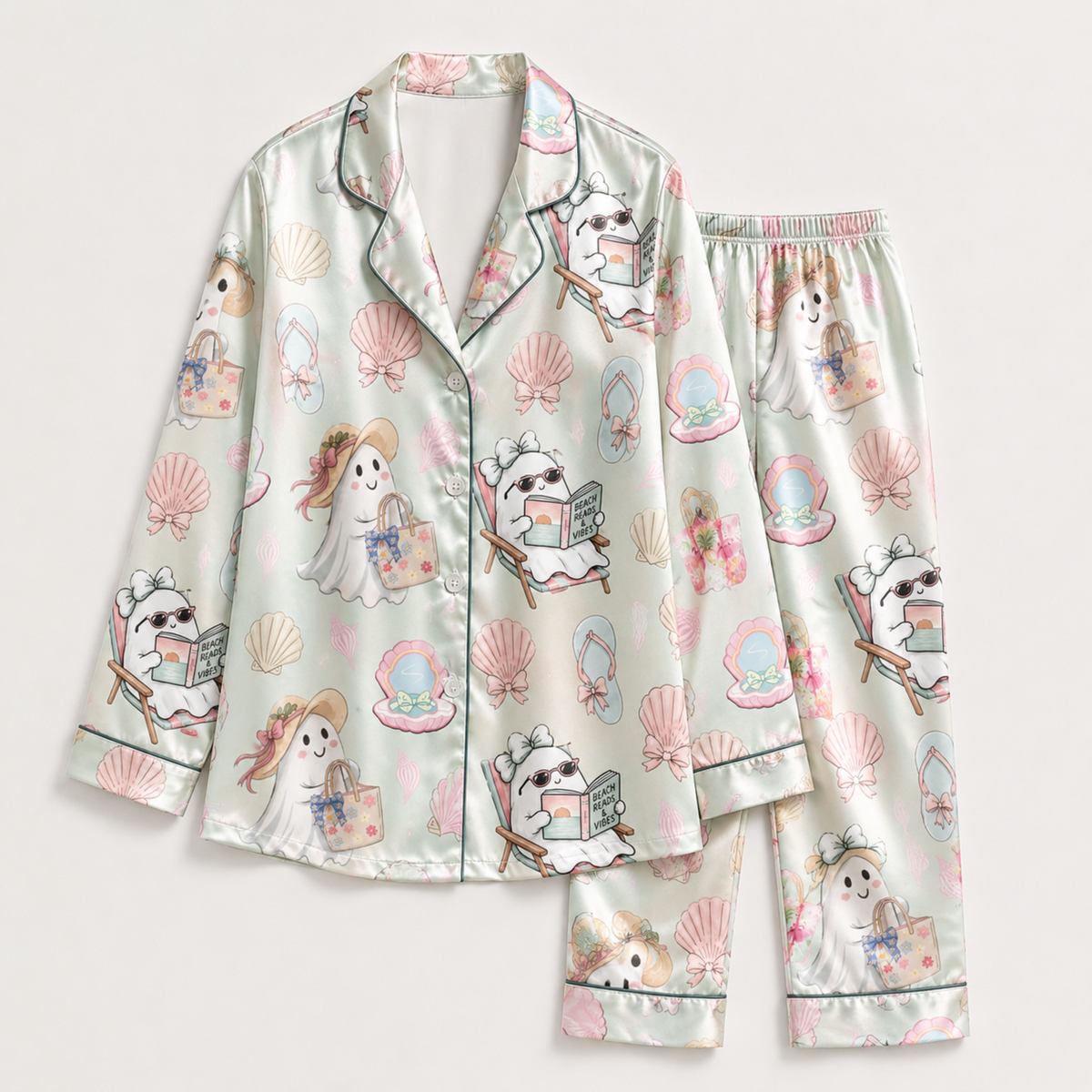 PJ-M316-Relaxed Fit Halloween Pajama Set Adorned With Traditional Holiday Patterns Made From Premium Quality Lightweight Satin