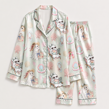 PJ-M316-Relaxed Fit Halloween Pajama Set Adorned With Traditional Holiday Patterns Made From Premium Quality Lightweight Satin
