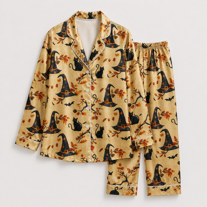 PJ-M317-Classic Halloween Celebration Pajama Set Featuring Iconic Seasonal Symbols On Soft And Comfortable Premium Brushed Cotton Fabric