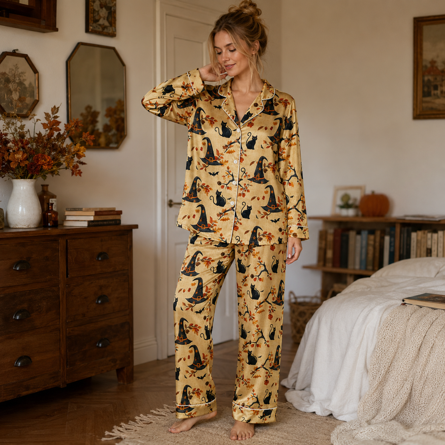 PJ-M317-Classic Halloween Celebration Pajama Set Featuring Iconic Seasonal Symbols On Soft And Comfortable Premium Brushed Cotton Fabric