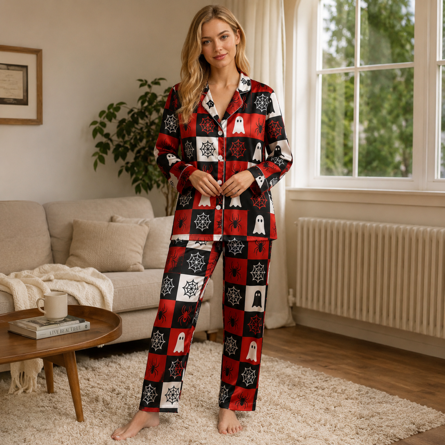 PJ-M318-Festive Autumnal Holiday Pajama Set Adorned With Delightful Halloween Patterns Designed For Relaxed And Cozy Home Lounging