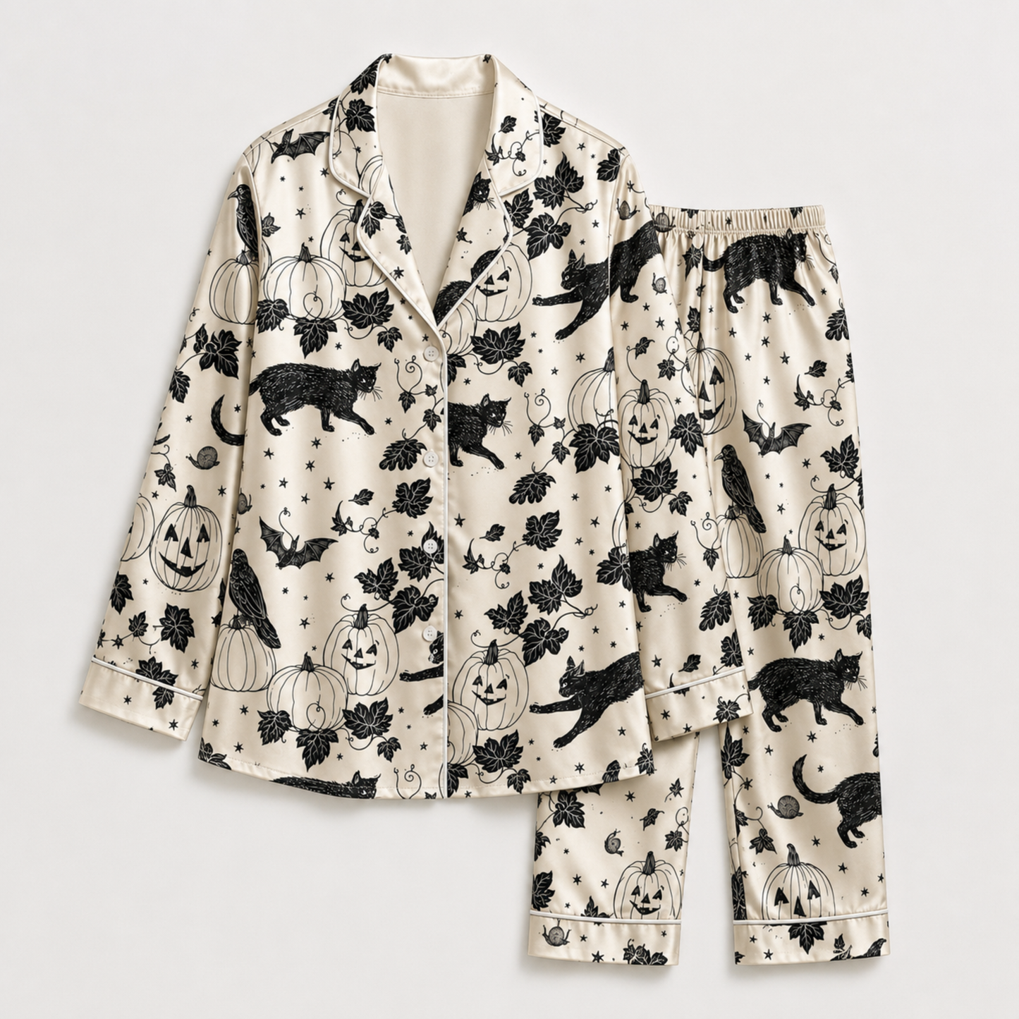 PJ-M321-Elegant Minimalist Cat Halloween Motif Sleepwear Set Designed With A Relaxed Fit For Ultimate Comfort And Style