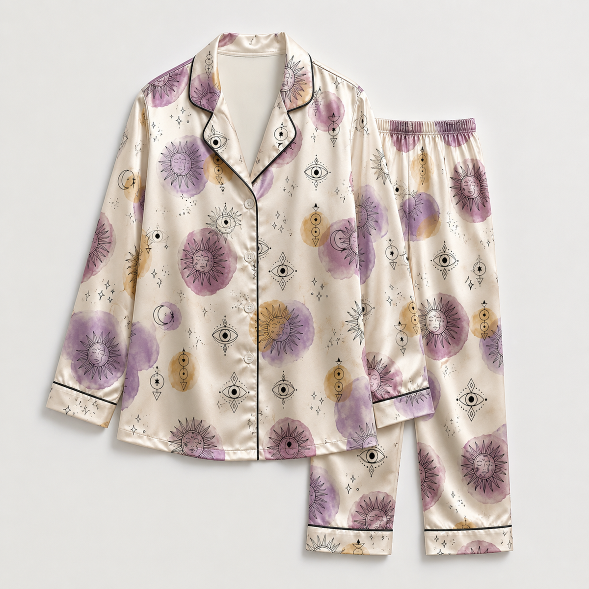 PJ-M323-Celestial Sun And Moon Motif Pajama Set Featuring Mystical Watercolor Elements On Luxurious Satin Fabric