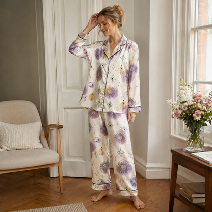 PJ-M323-Celestial Sun And Moon Motif Pajama Set Featuring Mystical Watercolor Elements On Luxurious Satin Fabric