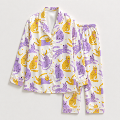 PJ-M324-Cozy Brushed Satin Pajama Set Adorned With Cute Sleeping Cat Patterns Perfect For Relaxed At-Home Lounging