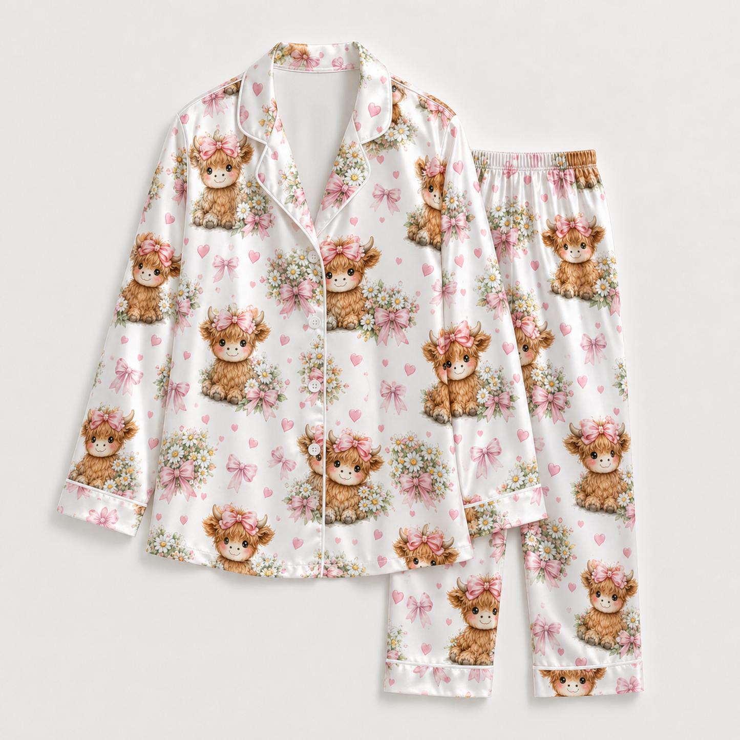 PJ-M327-Adorable Highland Cow And Floral Ribbon Pajama Set Featuring Cute Bow Motifs On Soft Satin Fabric