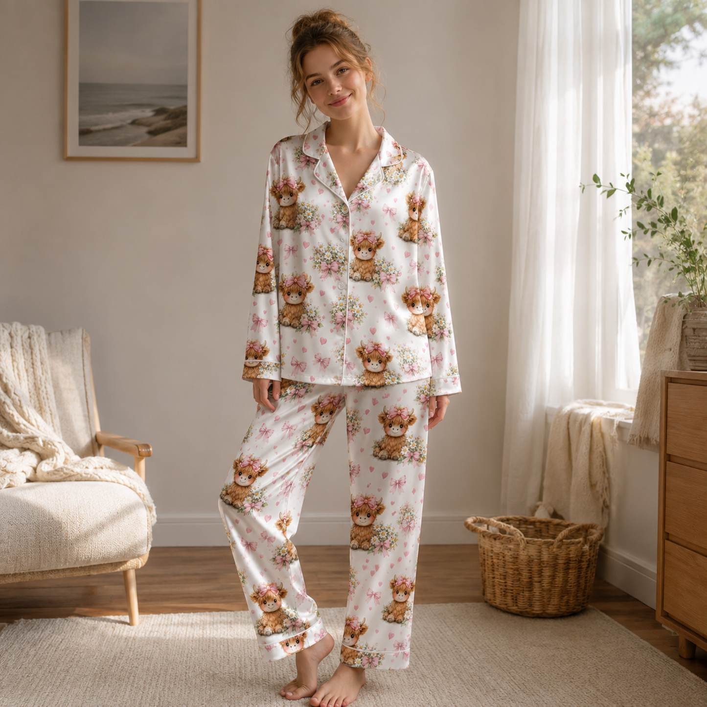 PJ-M327-Adorable Highland Cow And Floral Ribbon Pajama Set Featuring Cute Bow Motifs On Soft Satin Fabric
