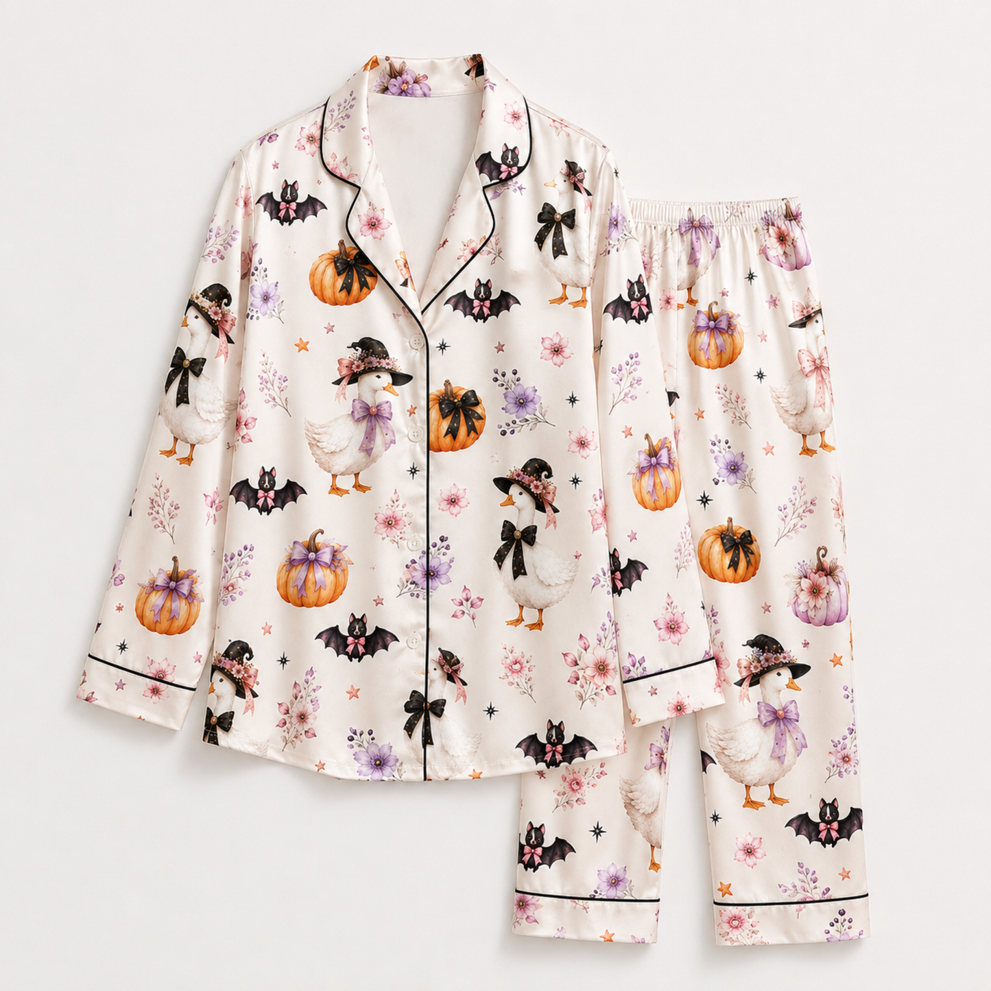 PJ-M328-Adorable Pastel Halloween Pajama Set Featuring Friendly Geese And Bats On Ultra-Soft Brushed Fabric