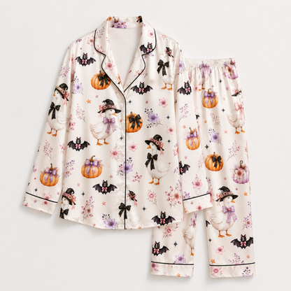 PJ-M328-Adorable Pastel Halloween Pajama Set Featuring Friendly Geese And Bats On Ultra-Soft Brushed Fabric