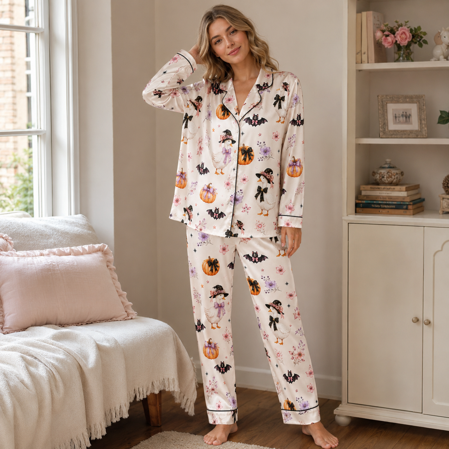 PJ-M328-Adorable Pastel Halloween Pajama Set Featuring Friendly Geese And Bats On Ultra-Soft Brushed Fabric