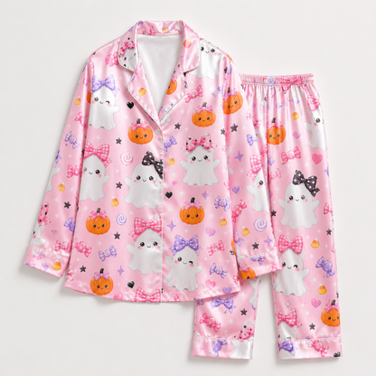 PJ-M329-Adorable Spooky-Cute Ghost Pajama Set Featuring Delicate Ribbon Bow Accents And Playful Halloween Motifs On Ultra-Soft Premium Fabric