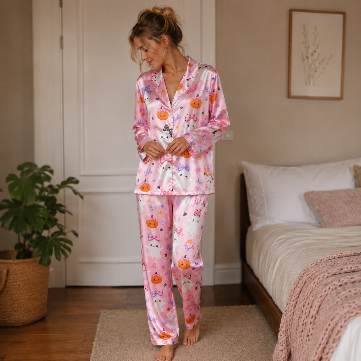 PJ-M329-Adorable Spooky-Cute Ghost Pajama Set Featuring Delicate Ribbon Bow Accents And Playful Halloween Motifs On Ultra-Soft Premium Fabric