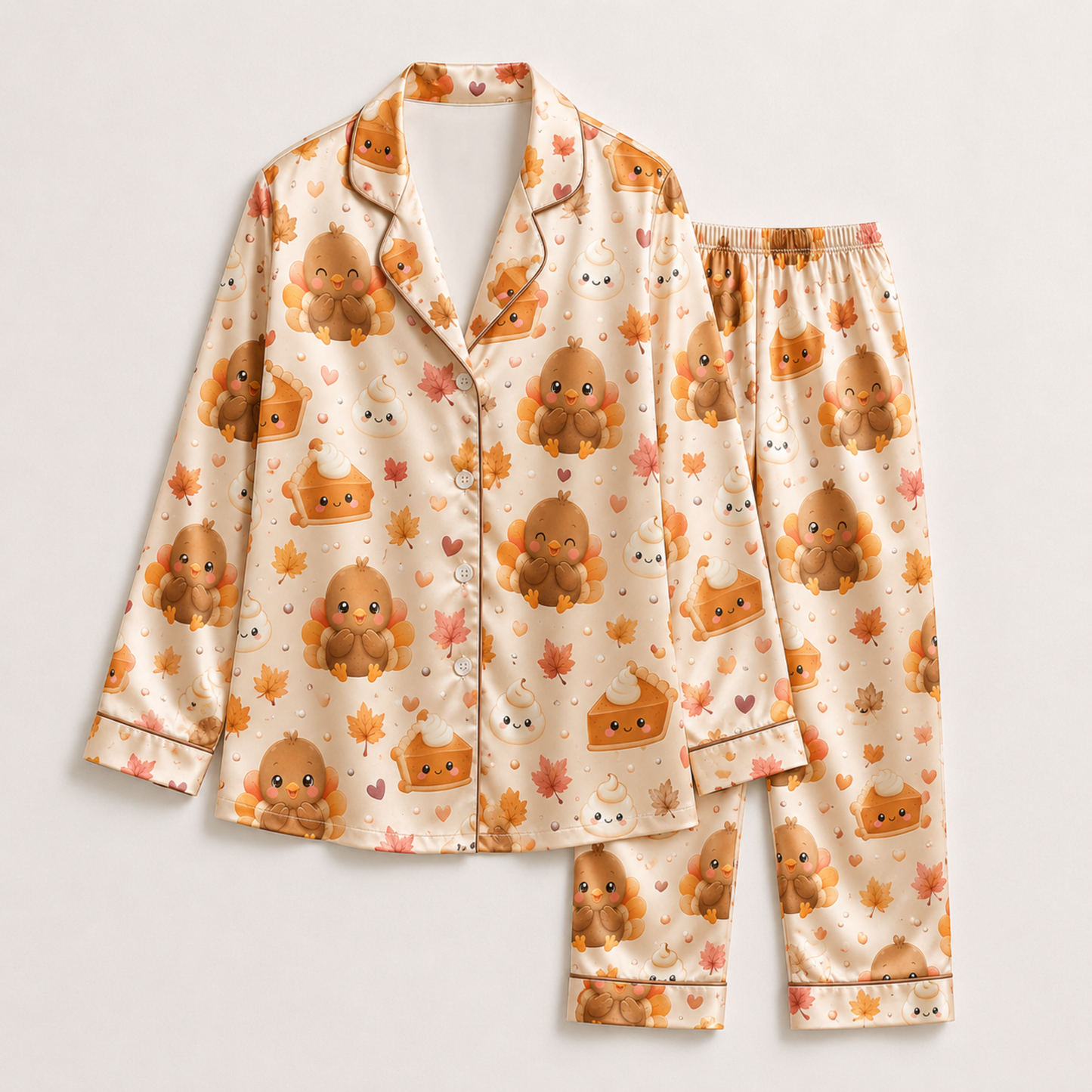 PJ-M330-Adorable Thanksgiving Turkey And Pumpkin Pie Print Pajama Set Featuring Festive Autumn Leaves On Ultra-Soft Satin Fabric