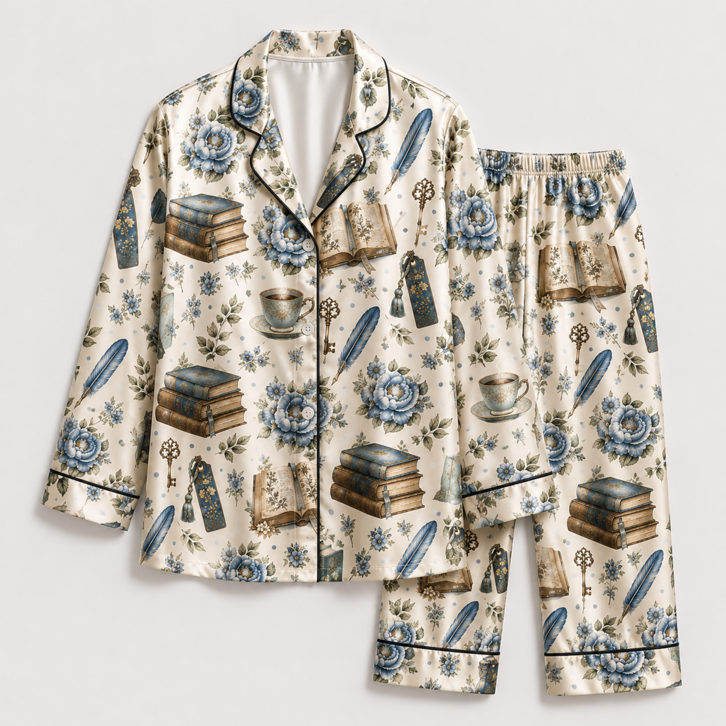 PJ-M332-Elegant Dark Academia Floral And Vintage Book Print Pajama Set Featuring Quill And Teacup Illustration
