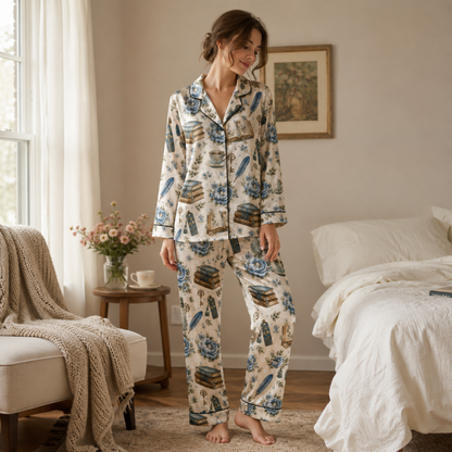 PJ-M332-Elegant Dark Academia Floral And Vintage Book Print Pajama Set Featuring Quill And Teacup Illustration