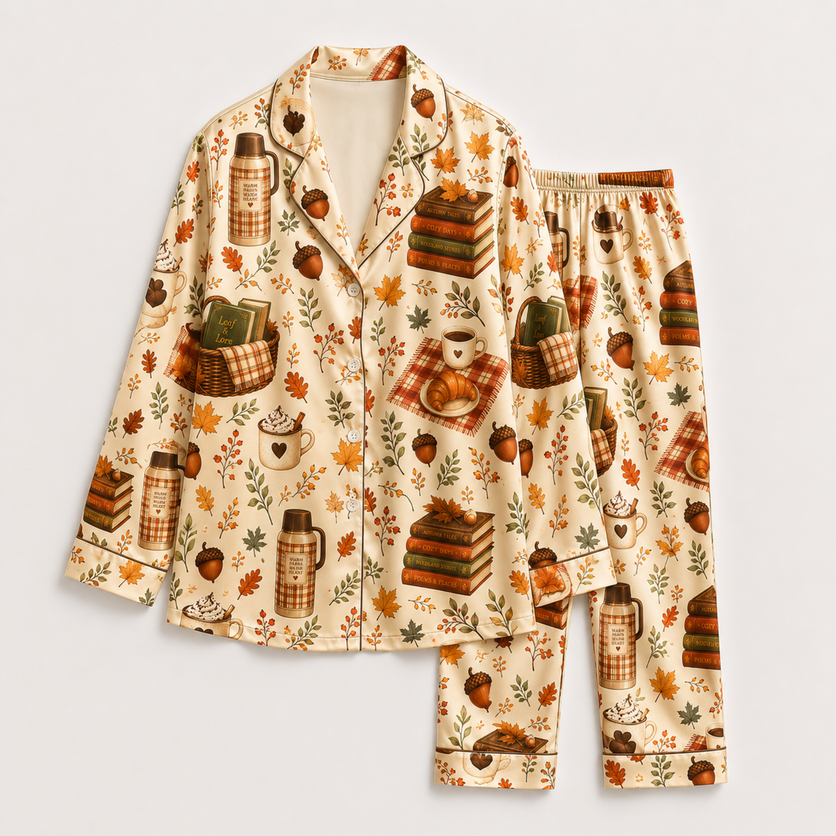 PJ-M333-Cozy Literary-Inspired Pajama Set Featuring Charming Vintage Book And Warm Coffee Cup Illustrations On Premium Soft Fabric