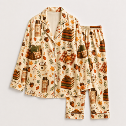 PJ-M333-Cozy Literary-Inspired Pajama Set Featuring Charming Vintage Book And Warm Coffee Cup Illustrations On Premium Soft Fabric