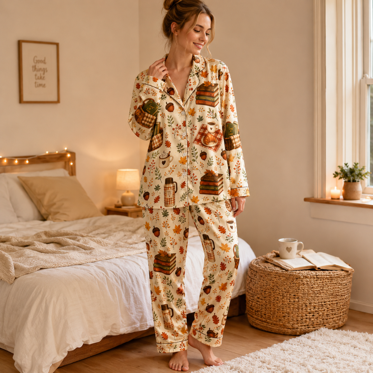 PJ-M333-Cozy Literary-Inspired Pajama Set Featuring Charming Vintage Book And Warm Coffee Cup Illustrations On Premium Soft Fabric