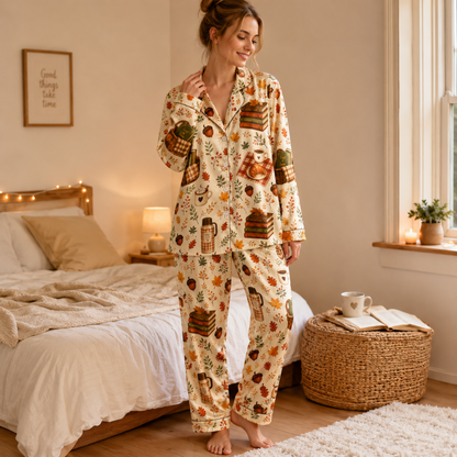 PJ-M333-Cozy Literary-Inspired Pajama Set Featuring Charming Vintage Book And Warm Coffee Cup Illustrations On Premium Soft Fabric