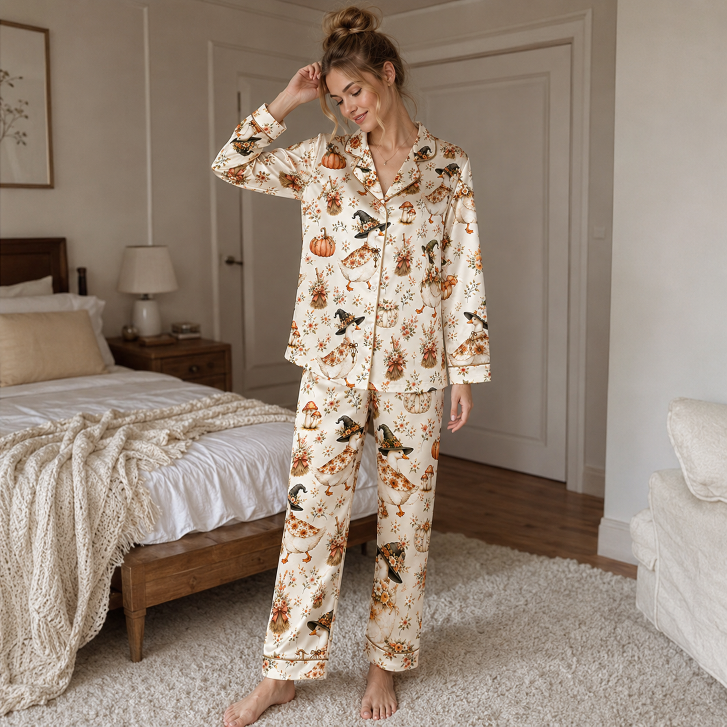 PJ-M334-Festive Duck Halloween Print Sleepwear Crafted From Ultra-Soft Sustainable Material Featuring Cute Spooky Icons And Fall Colors