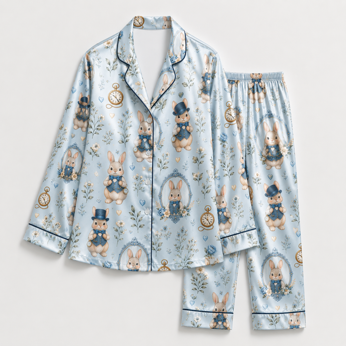 PJ-M335-Whimsical Rabbit And Vintage Pocket Watch Print Pajama Set Featuring Classic Storybook Illustrations On Soft Blue Satin