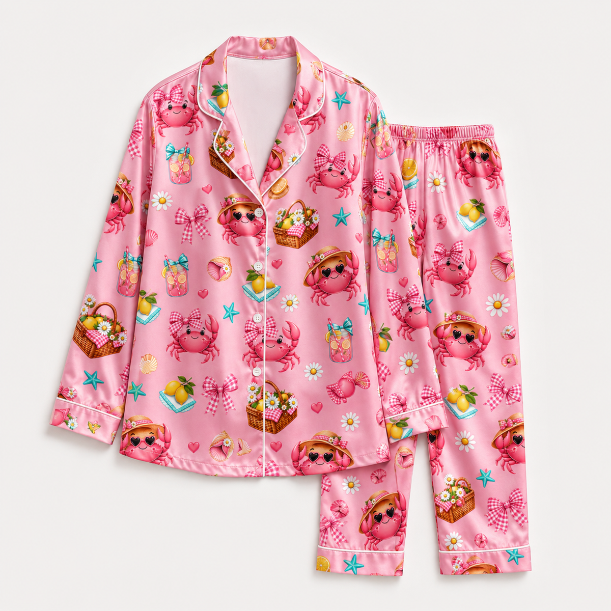 PJ-M336-Pink Satin Crab Picnic Print Pajamas Summer Sleepwear Set