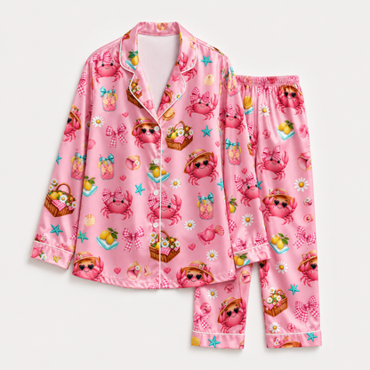 PJ-M336-Pink Satin Crab Picnic Print Pajamas Summer Sleepwear Set