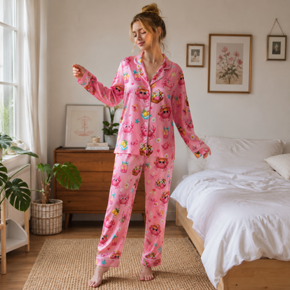 PJ-M336-Pink Satin Crab Picnic Print Pajamas Summer Sleepwear Set