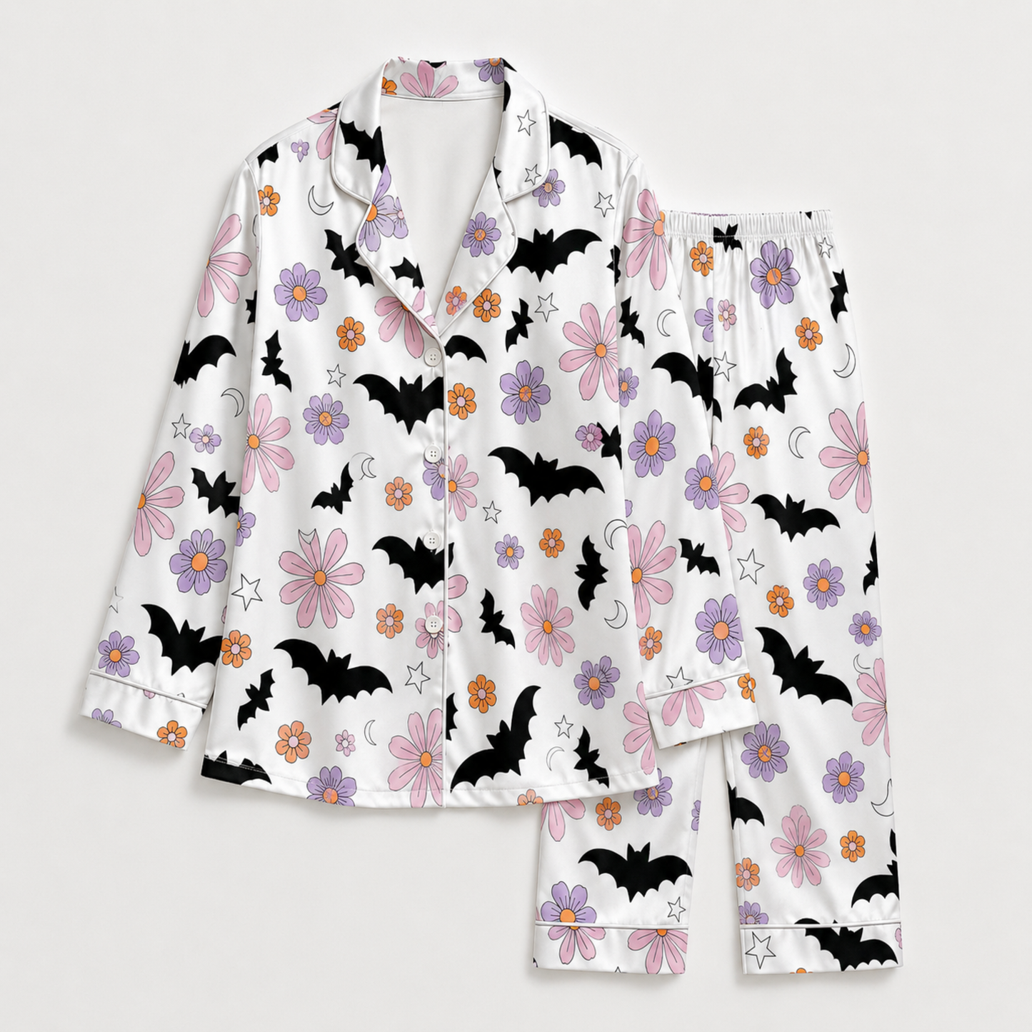 PJ-M338-Whimsical Halloween Pattern Pajama Set Adorned With Charming Bats And Floral Illustrations For A Fun Look