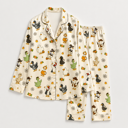 PJ-M340-Spooky Duck Halloween Print Pajama Set Featuring Festive Jack-O-Lantern Motifs Crafted From Breathable Soft Brushed Fabric