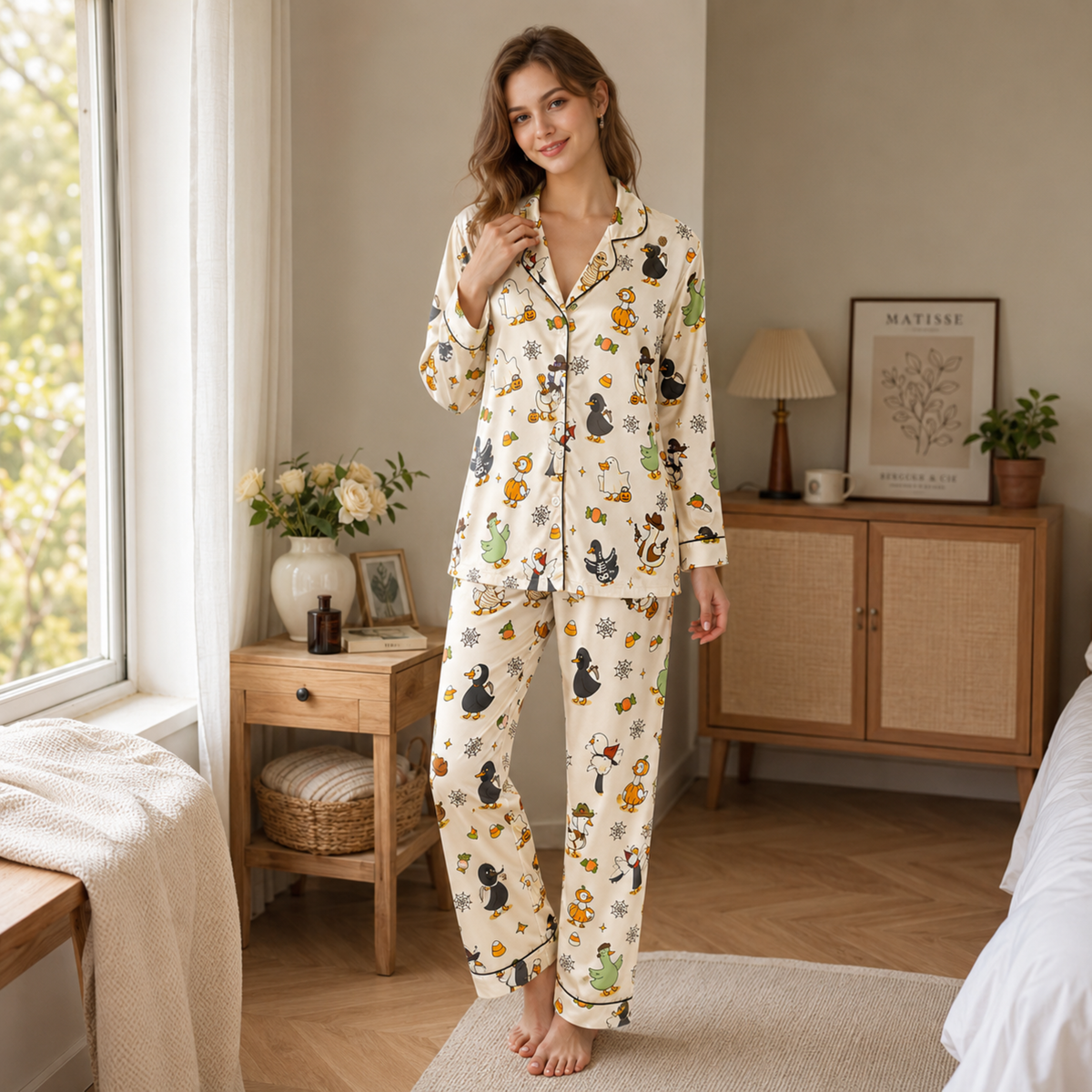 PJ-M340-Spooky Duck Halloween Print Pajama Set Featuring Festive Jack-O-Lantern Motifs Crafted From Breathable Soft Brushed Fabric